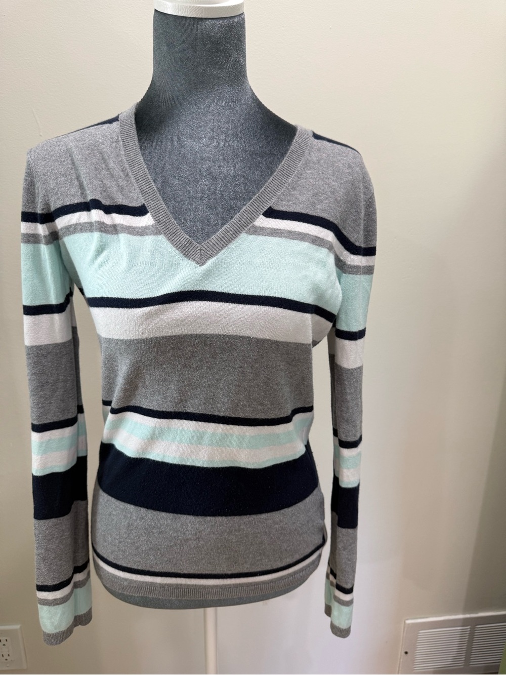 Tommy Hilfiger Striped V-Neck Sweater in Gray, Mint & Navy
